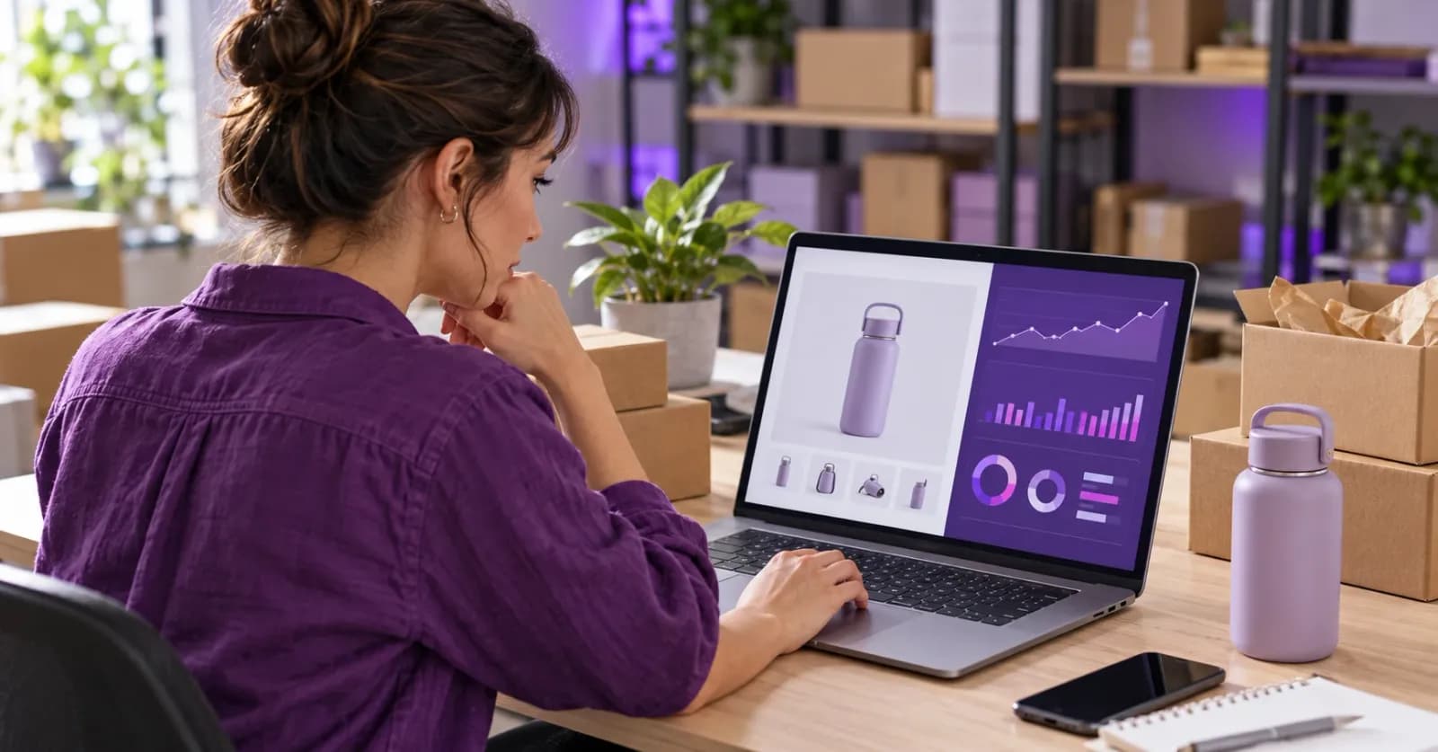 A Walmart seller at a desk among shipping boxes, comparing a water bottle listing with sales and price charts on her laptop